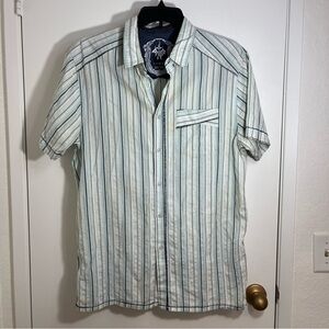 Prana Men's Casual Striped Button Down Short Sleeve Shirt - Green Large Preppy